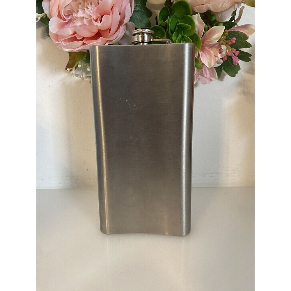 Vintage 12 oz Flask Stainless Steel Silver Attached Screw Cap Hip Pocket Liquor